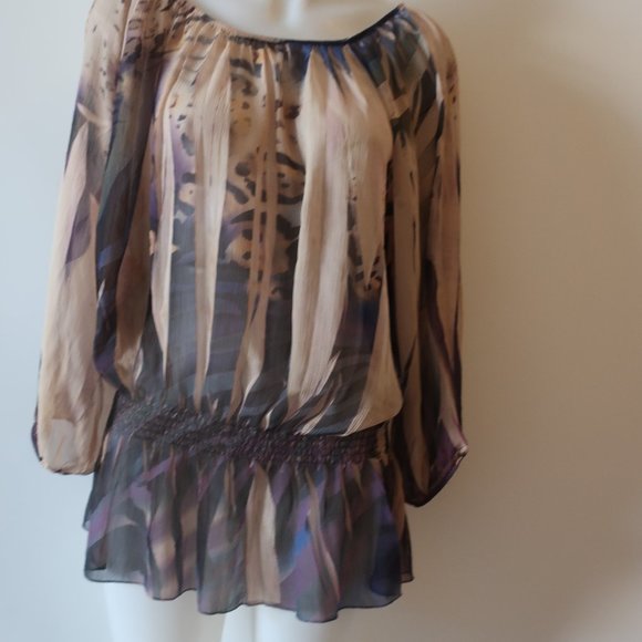 WOMENS AMORE COUTURE TAUPE PLUM SEMI SHEER PEASANT TOP L * - Picture 5 of 10